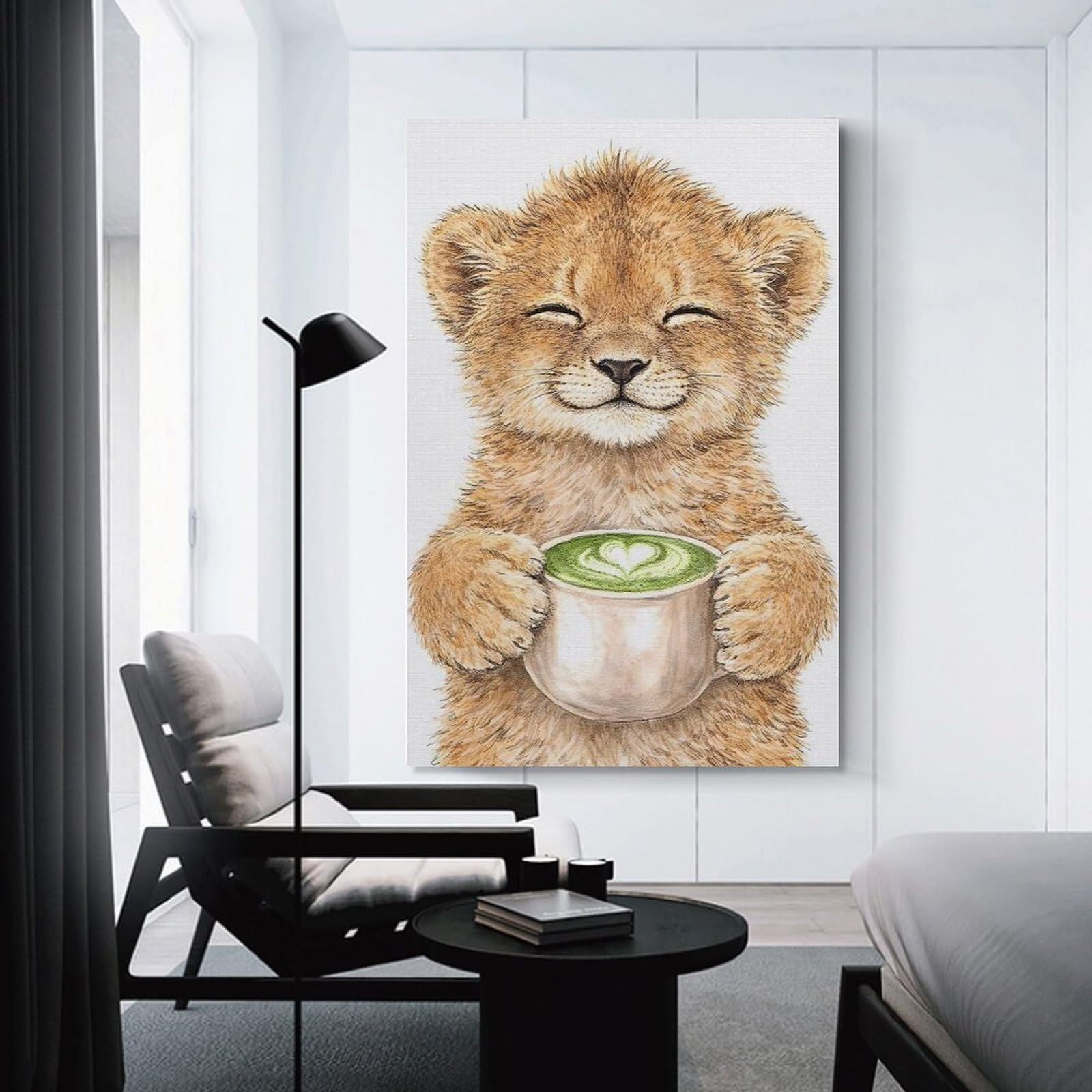 Junmoney Cute Lion Cub with Matcha Latte Canvas Art Print 24x36inch(60x90cm), for New Homes, Bedrooms Or Workspaces, Gift Idea for Housewarming And Birthdays