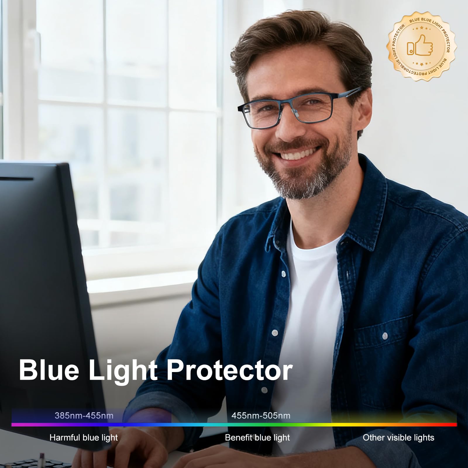SKYFUEN Progressive Lesebrille für Herren, Multi-Fokus-Metallrahmen, Blaulichtblockierung, Computerleser mit Federscharnieren