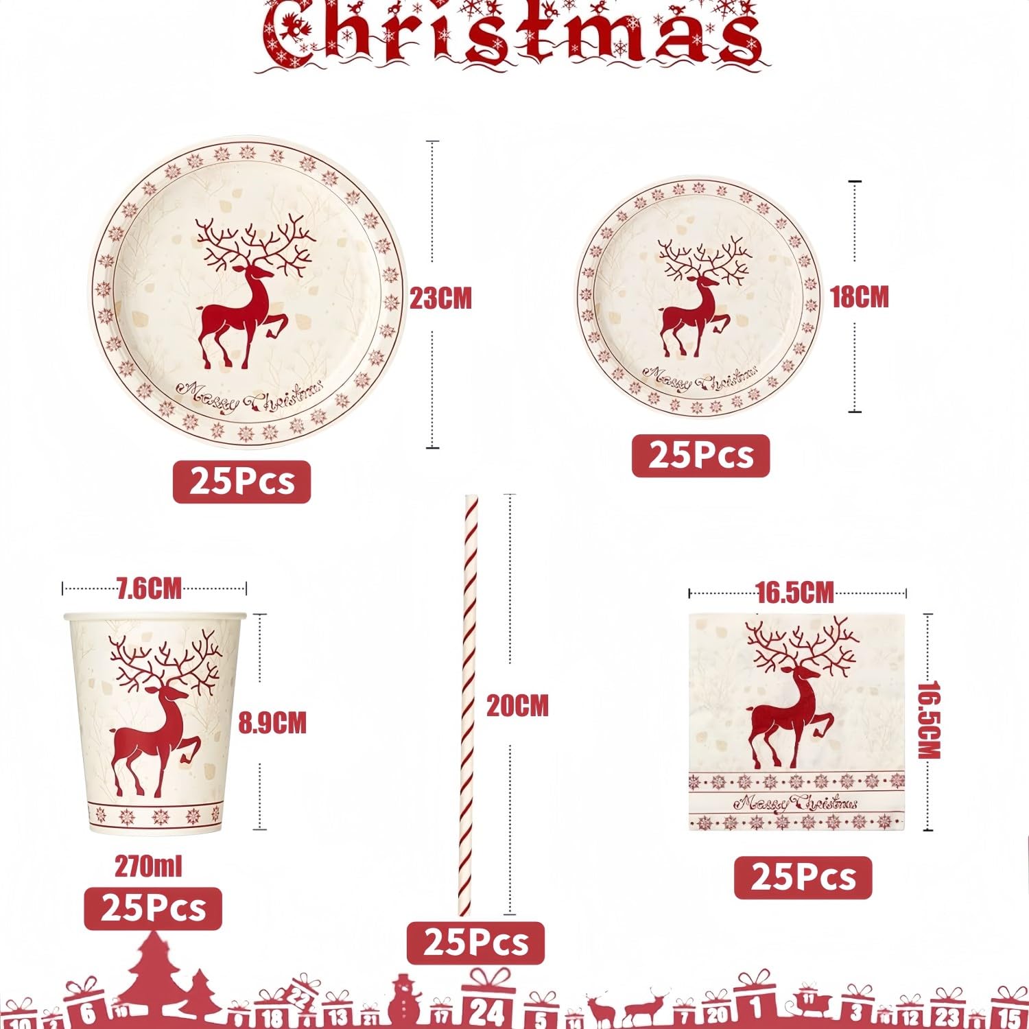 LATERN 100 Pièces Vaisselle En Papier Pour Fête De Noël, 25 X 23CM Assiettes à Plates, 25 X 18CM Assiettes à Salade, 25 X 270ml Gobelets, 25 X 16CM