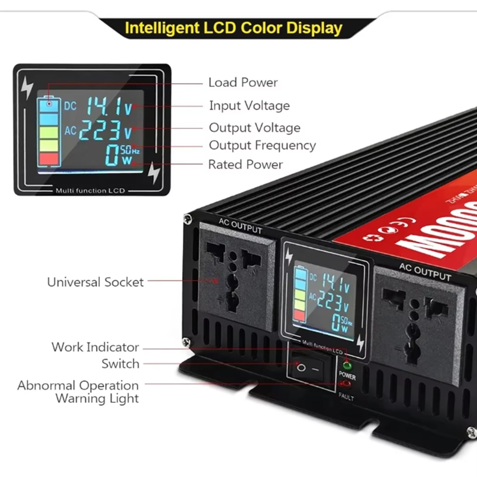 Onduleur à Onde sinusoïdale Pure 5000W 12V 24V Convertisseur 12V DC en 110V/220V AC pour Camping-Car, Camion, Solaire, Hors réseau, onduleur de Voiture avec écran LCD