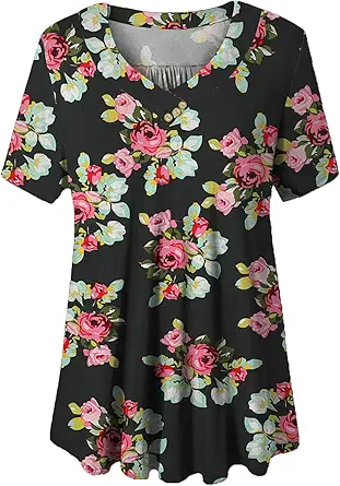 Womens Plus Size Short Sleeve Henley Shirt V Neck Floral Blouses Tunic