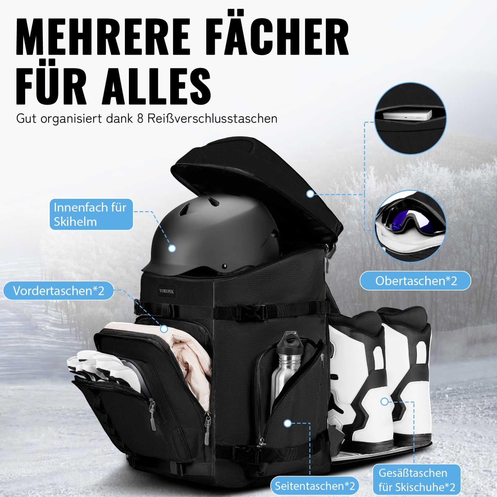 YOREPEK Skischuhtasche mit Helmfach und Rucksackgurten, 65L Groß Skitasche mit 8 Fächern