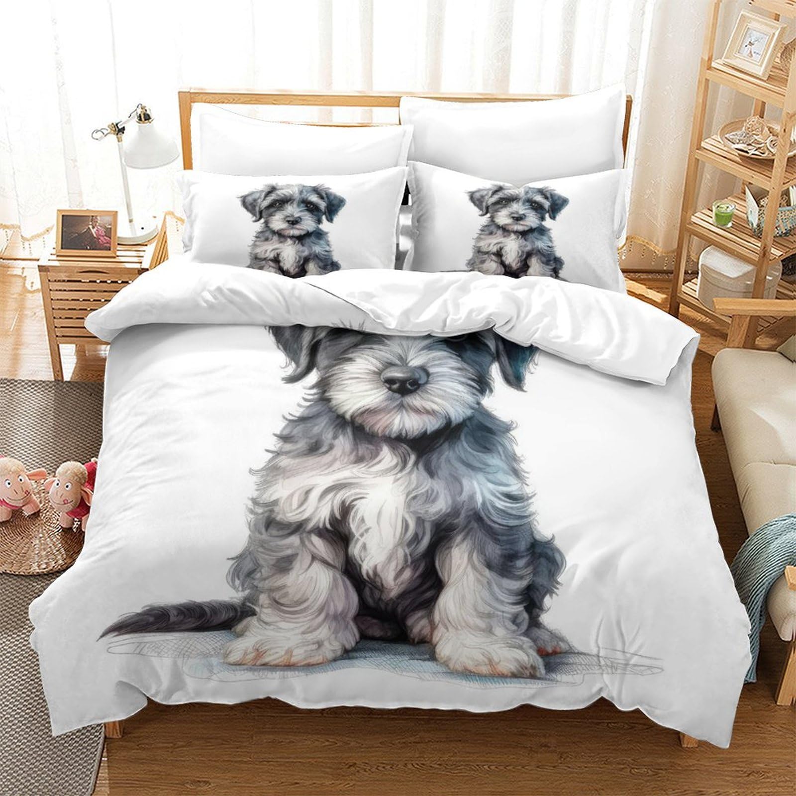 Tnfhsoft Schnauzer Quilt Cover 3D Printed Soft Microfiber Cute Dog Duvet Cover Set With Zipper Closure 3 Piece Comforter Cover For Adults Kids Bedding Set With Pillowcase King（220X240cm）