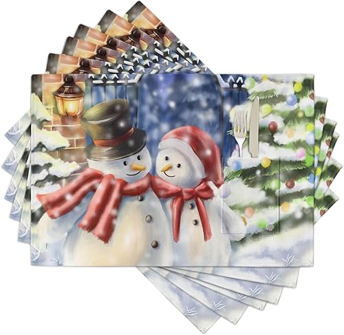 Cottage Snowman Table Placemats for Dining Table Set of 6,Cotton Linen Cloth Kitchen Place Mats with Pocket,Washable Burlap