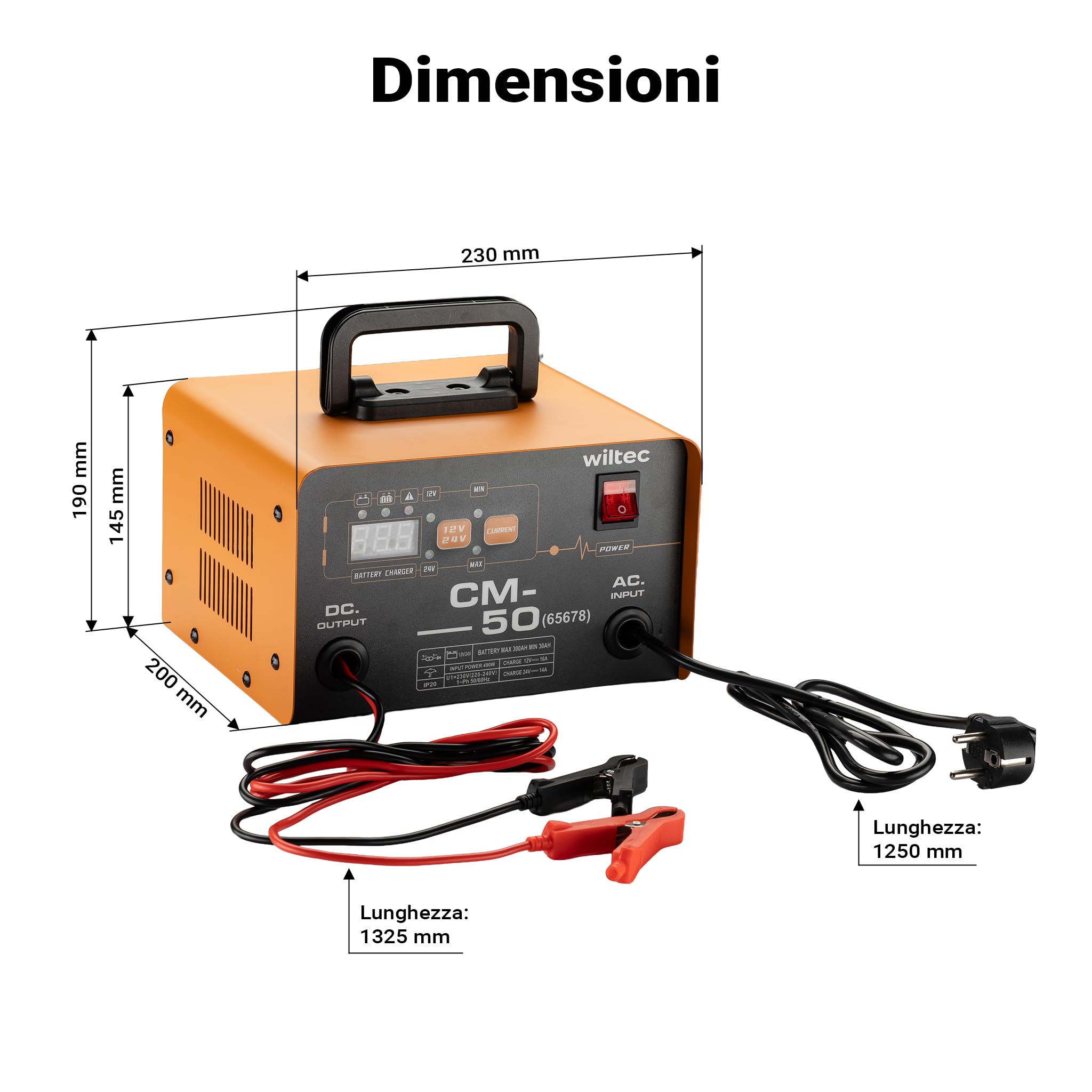 Wiltec Caricabatterie 12-24 V, 16 Ah, 30-300 Ah per batterie auto e moto, avviamento di emergenza 490 W, carica batteria intelligente con display LCD e maniglia per il trasporto