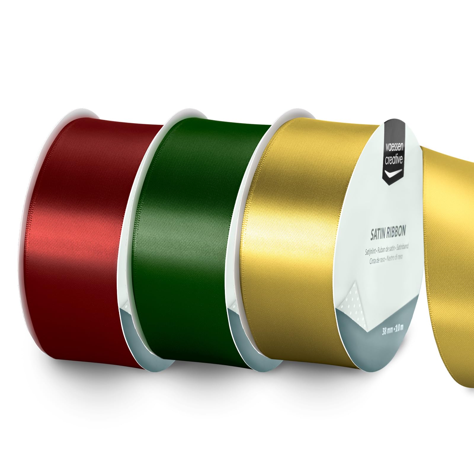 Vaessen Creative Satin Ribbon Set - 3 Christmas Colours of 32.8 ft x 1.5" - Green, Red & Gold - Thin Ribbon for Gift Wrapping and Crafting