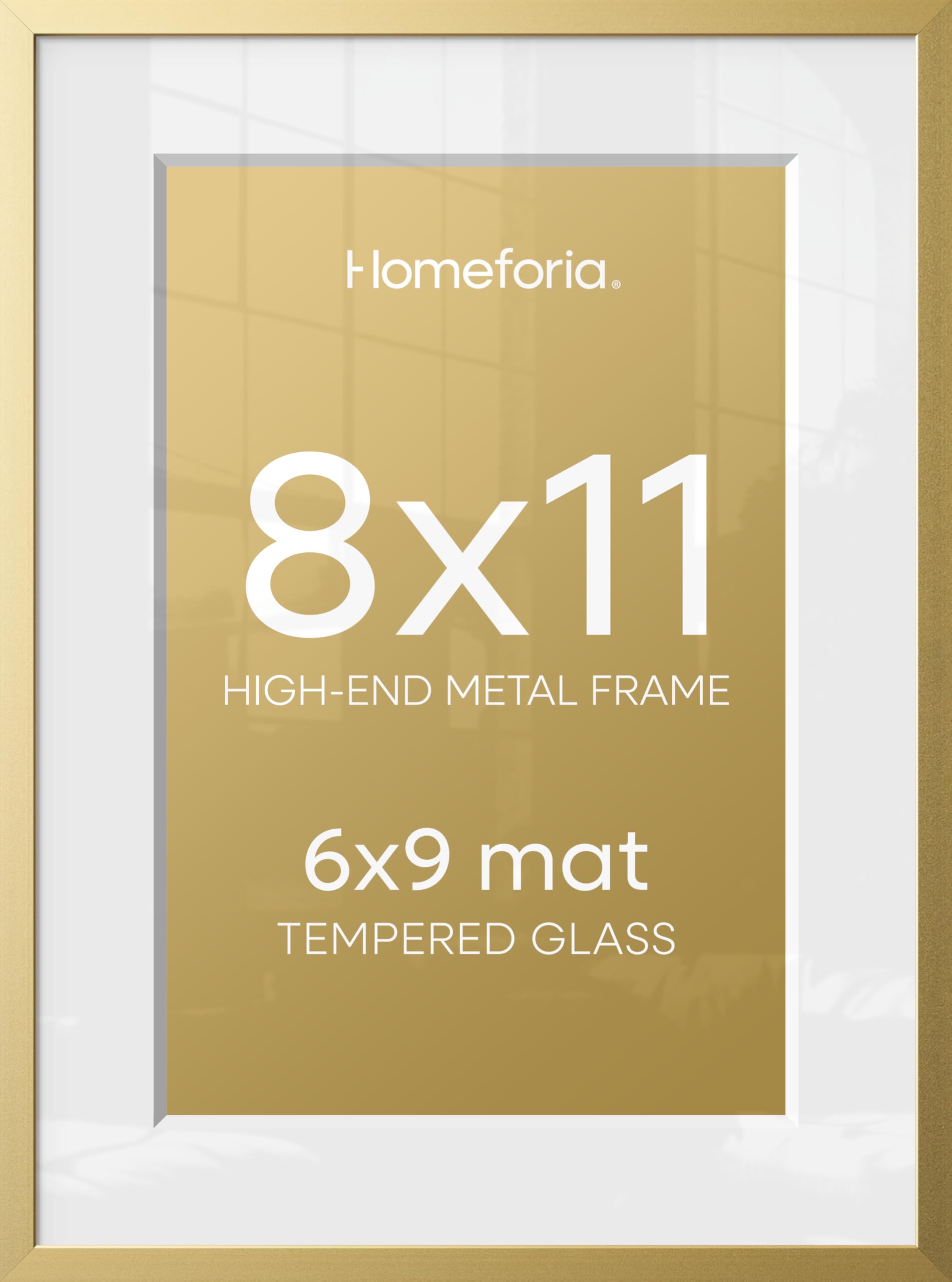 Homeforia 8x11 Gold Picture Frame, High-End Metal, 6x9 Mat, Glass | High End Aluminum, Tempered Glass, Acid-Free 6x9 Removable Mat, 8x11 in Edge-to-Edge Display 11x8, Wall Kit, Set Of 2