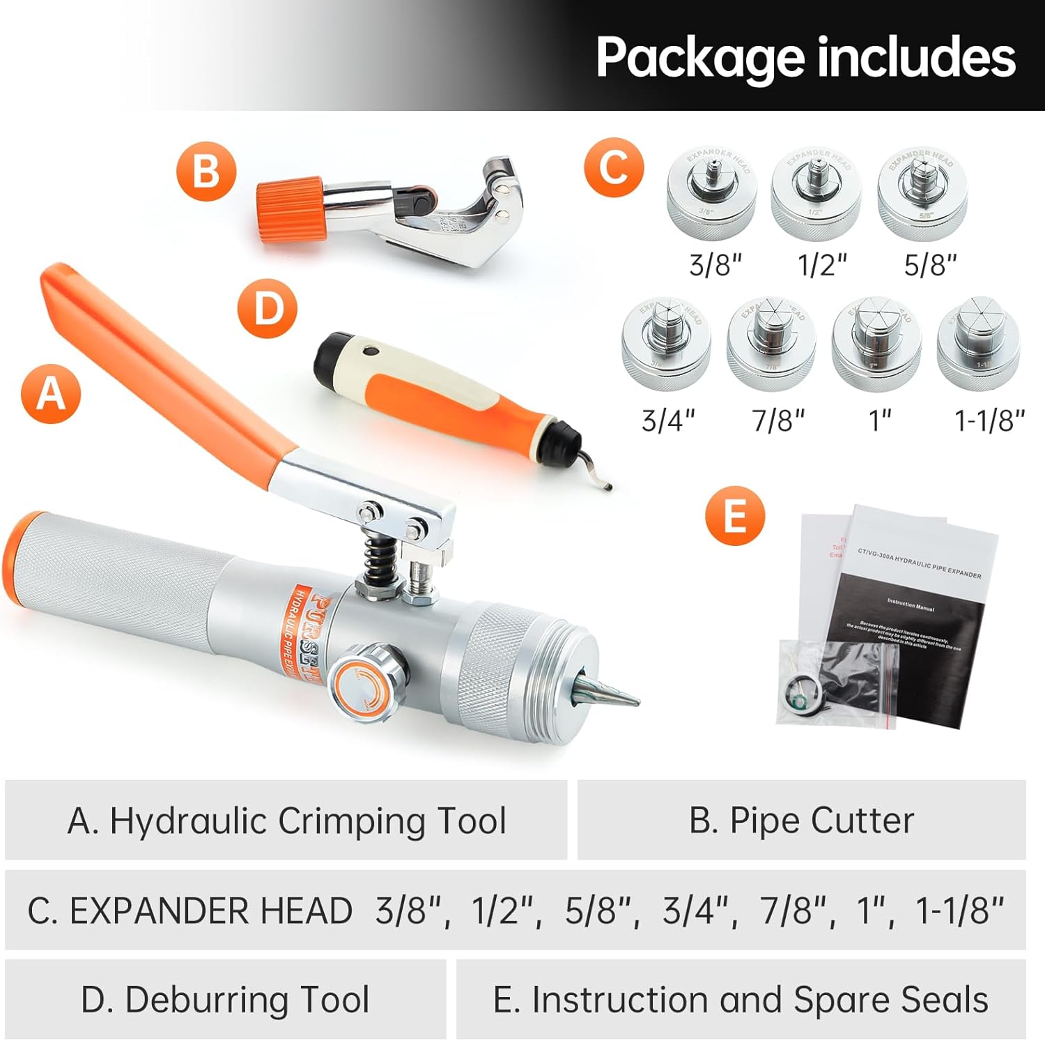HVAC Hydraulic SWAGING tool kit for copper tubing Expanding with 3/8,1/2,5/8,3/4,7/8,1,1-1/8 Inch