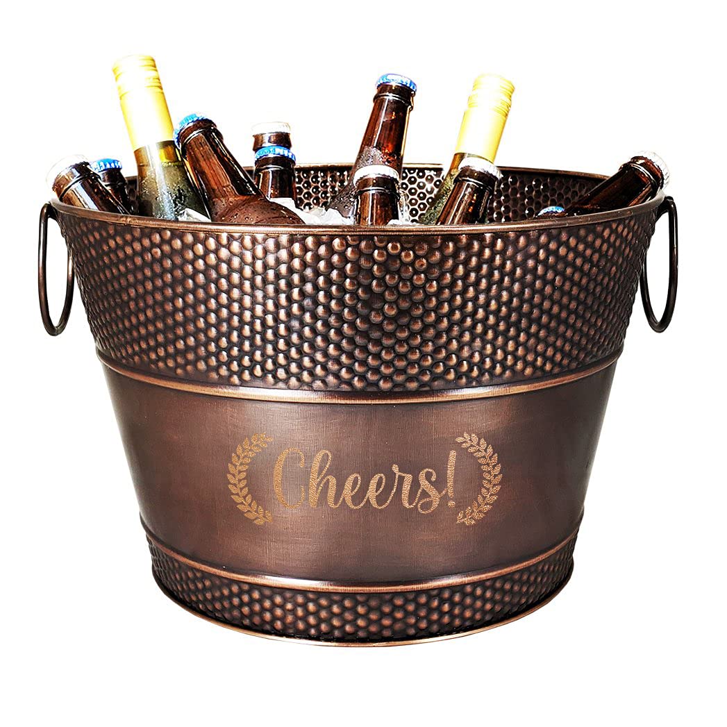 BREKX Old Tavern Galvanized Copper-Finish Beverage Bucket and Wine Chiller, and Leak-Proof Ice and Drink Bucket, 15 Quarts (TEXTURED CHEERS DESIGN)