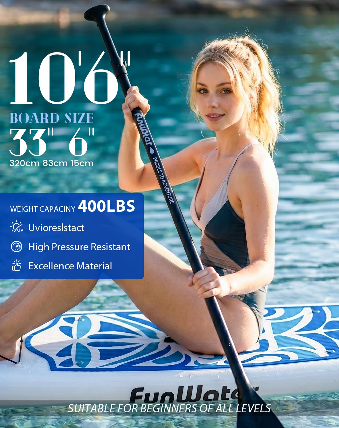 FunWater Sup Gonflable Ultra léger (8 kg) pour Tous Les Niveaux de compétence Tout Inclus avec Planche à pagaie, pagaie réglable, Pompe, Sac à Dos de Voyage ISUP, Laisse, Sac étanche