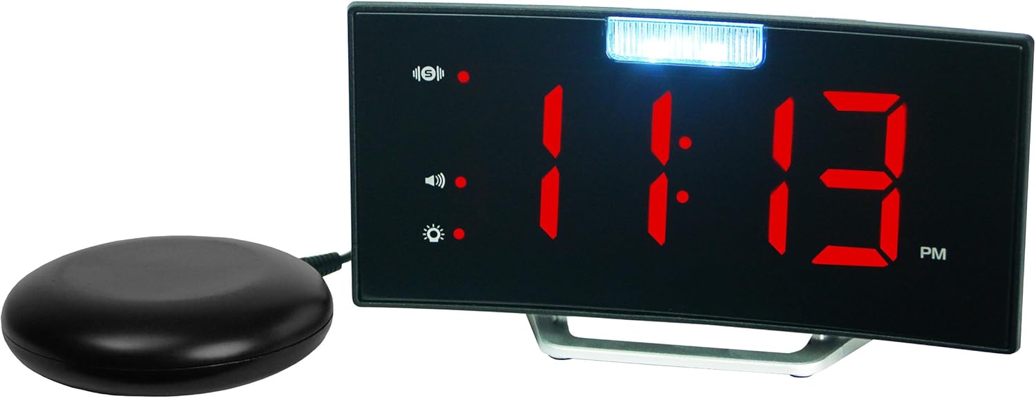 Geemarc Wake 'n' Shake Curve, Extra Loud Alarm Clock with Vibrating Shaker Pad, Extra Bright Flashing Light and USB Charger- UK Version