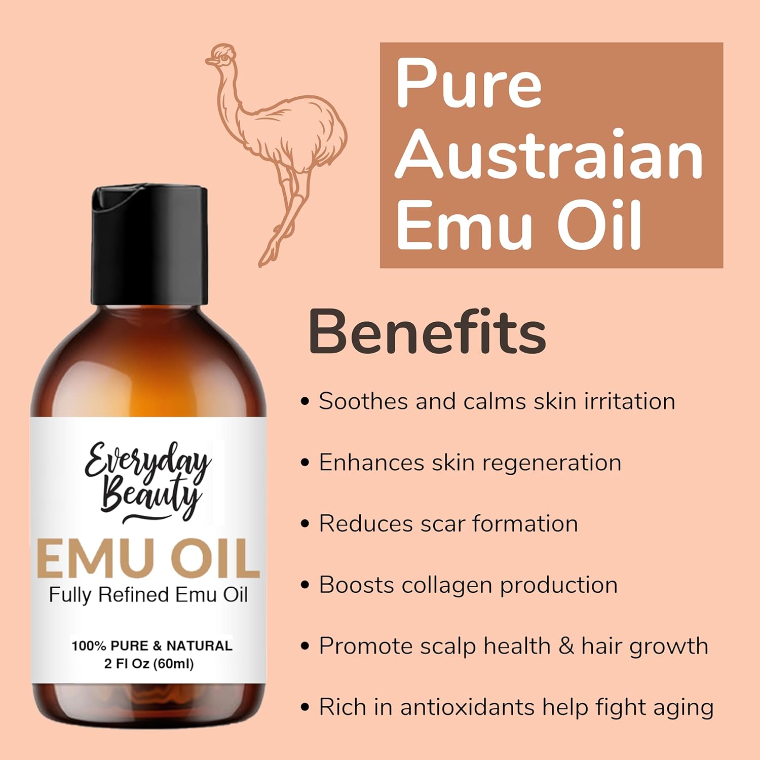 Pure Australian Emu Oil - All Natural 6X Refined for Face, Skin and Hair - Highly Effective Hydration for Sensitive Skin and Hair Growth - Perfect for Scars and Blemishes - 2 Fl Oz - Image 5