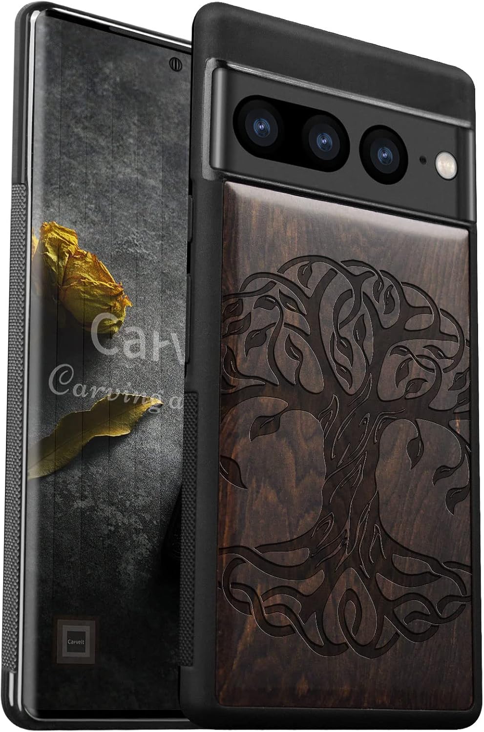 Carveit Wood Case for Pixel 7 Pro Case [Natural Wood & Black Soft TPU] Shockproof Protective Unique Wooden Cover Compatible with Google Pixel 7 Pro (Celtic Tree of Life-Blackwood)