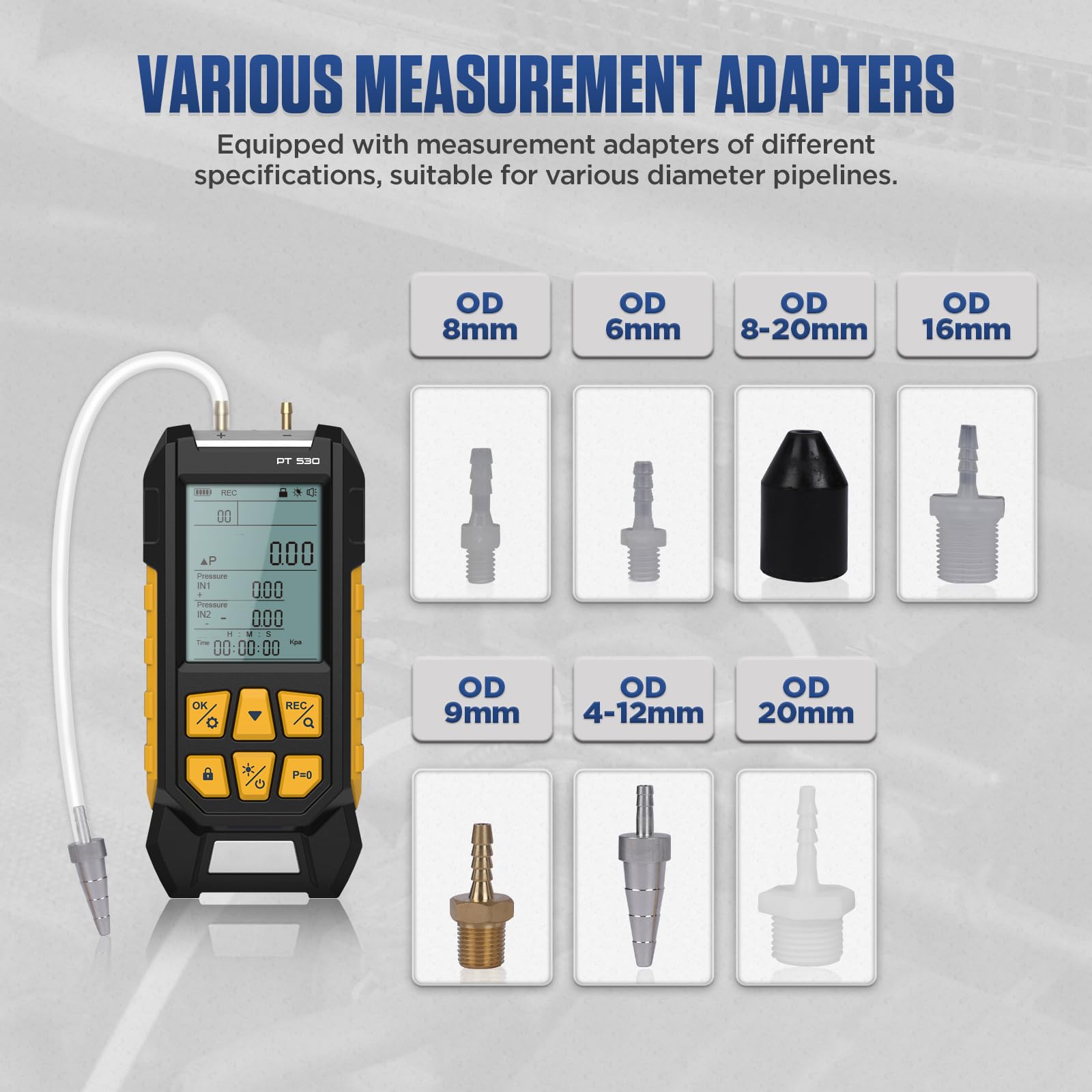 PT530 Manometer-Gasdruckprüfer -100 bis 300 Kpa Digitales Dual-Port-Feldmanometer HVAC 10 Einheiten 7 Adapter, Datensperre und -speicherung Display mit Hintergrundbeleuchtung