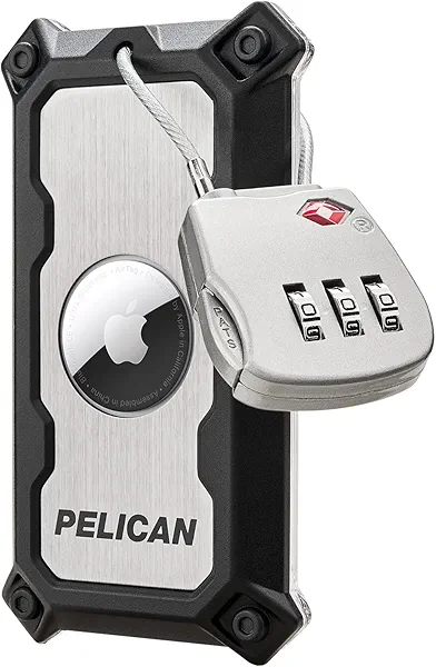 Pelican AirTag Tracker Luggage Lock - Travel AirTag Holder Luggage Tag for Suitcases with TSA-Approved Cable Lock, 2-Piece Installation, Grade 5 Titanium Plate Tracker -Brushed Titanium