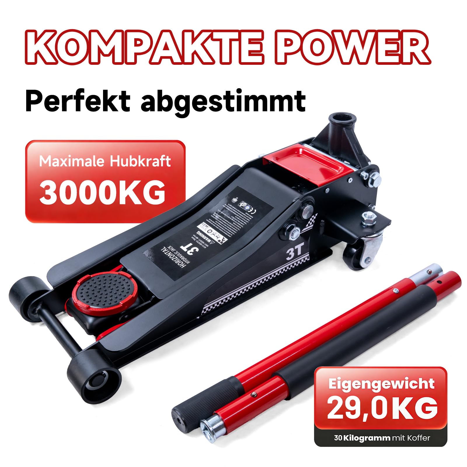 Warmfay Hydraulischer Wagenheber 3T, TÜV Geprüfter Profi Rangierwagenheber Flach 75-460mm Hubhöhe, Wagenheber Jack mit 360° Rollen, Doppelkolben & 2X Gummiauflagen, Ideal für SUV & Tiefergelegte Auto