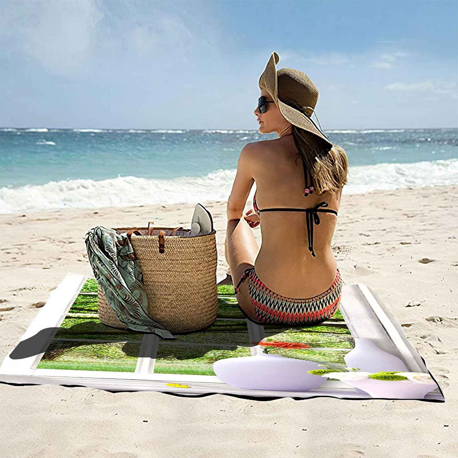 Telo Da Mare 3D Vaso Finestra Albero Verde Stampato Asciugamano Da Spiaggia 150x200cm Asciugamano Microfibra Grande Antisabbia Leggero Telo Mare Per Sport Piscina Viaggi In Famiglia Vacanze