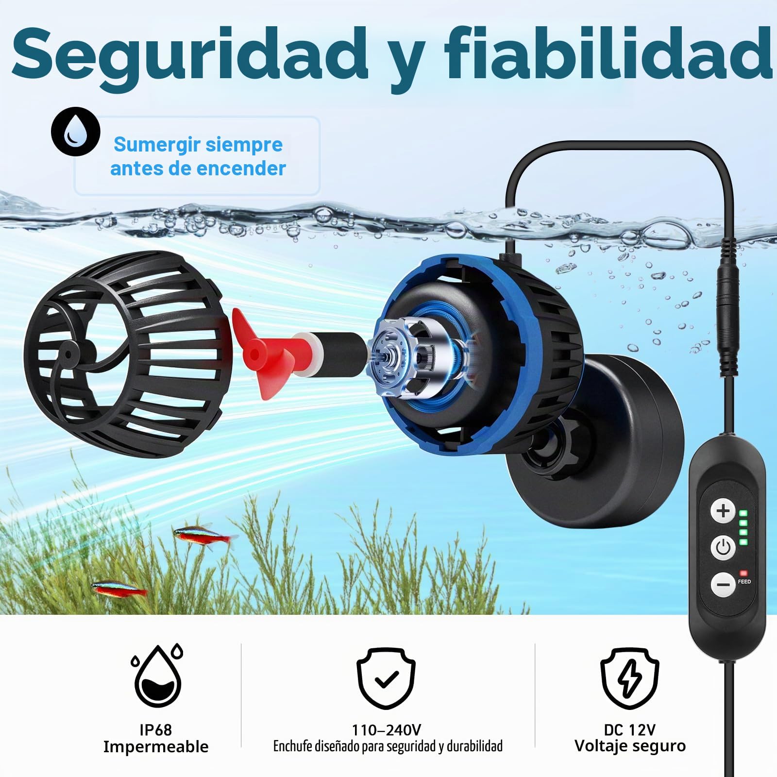 AQQA Bomba para hacer ondas de acuario, bomba magnética de circulación de acuario con controlador, flujo ajustable de 4 velocidades, modo de alimentación, CC 12 V silencioso, cabezal de potencia