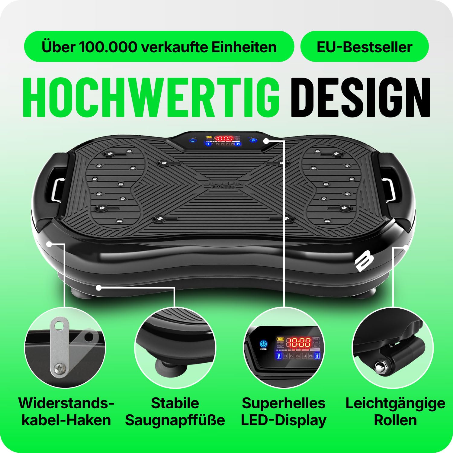 Bluefin Fitness Ultra Slim Power Vibrationsplatte, 5 Programme + 180 Stufen, Ganzkörpertraining, Geräuscharmes Heimfitnessgerät, Einfach zu verstauen, Kompaktes Design