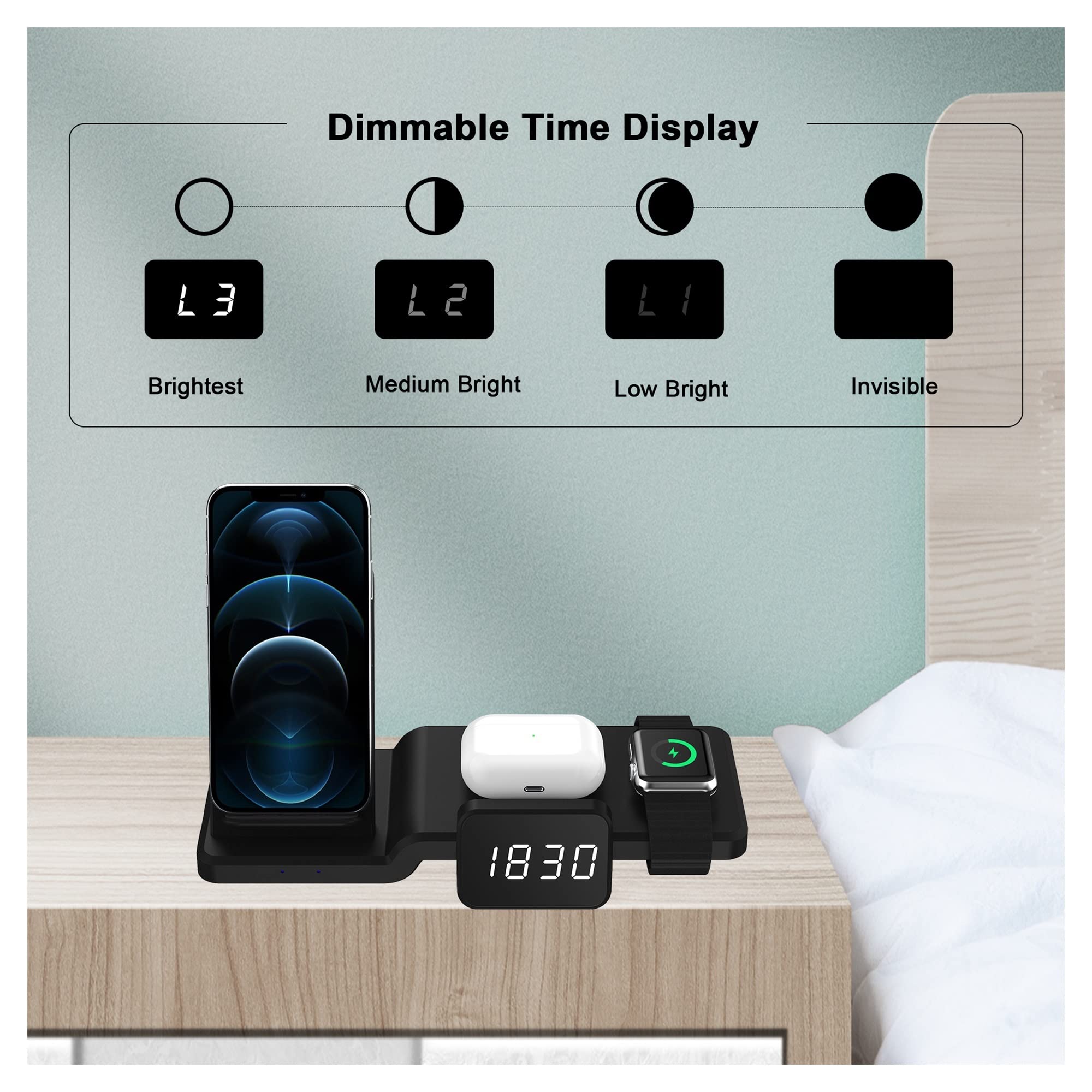 Support de Chargeur sans Fil 30W for téléphone Montre écouteur Horloge 4 en 1 Station de Chargement Rapide(A)