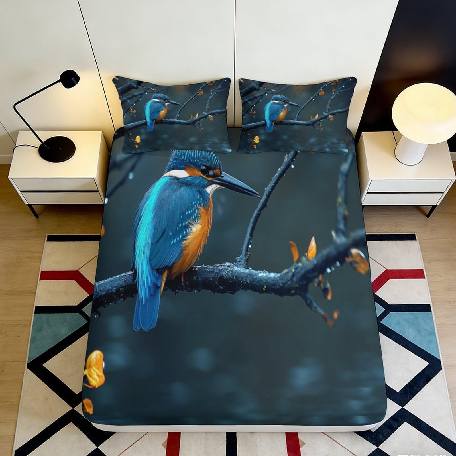 3D Printed Kingfisher Bird Fitted Sheet Microfiber Soft Blue Art Branch Mattress Cover for Bedroom Decor 90x200x25cm