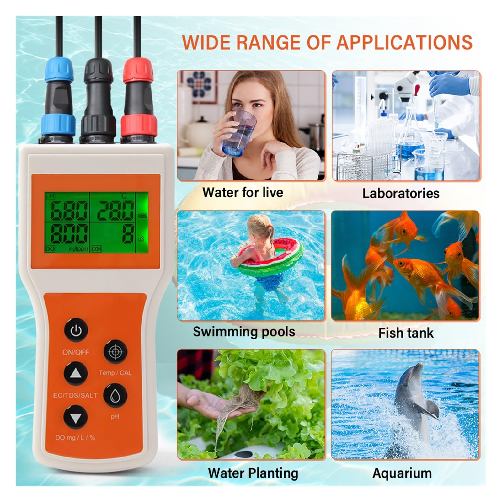 Medidor Agua Medidor Inteligente De Oxígeno Disuelto 6 En 1 For Acuario, PH, Sal, EC, TDS, Natación Hidropónica, Monitor Análisis Calidad del Agua Multiusos Preciso Fácil