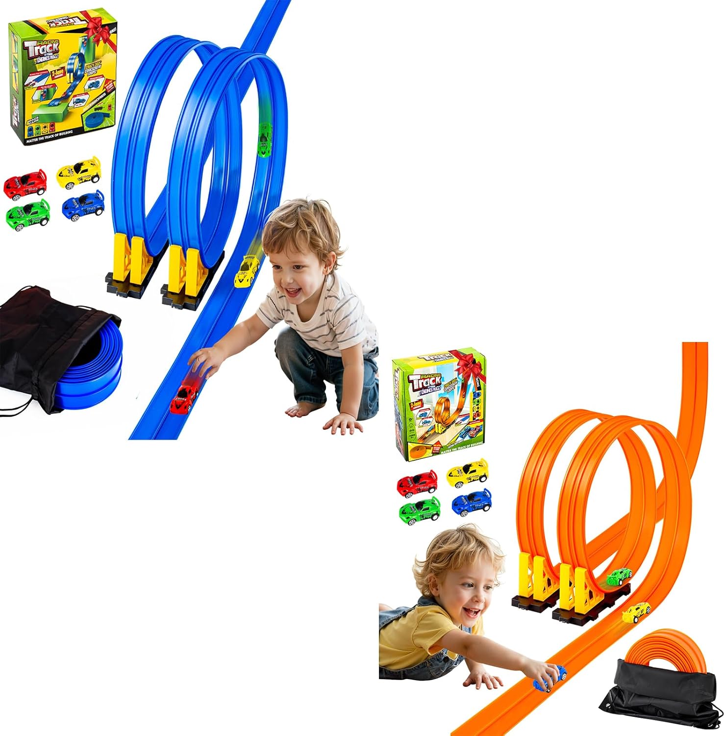 Flexible Race Track for Kids, Portable DIY Roll-Up Flex Race Car Tracks with Suction Cups Compatible with Hot Wheels & Diecast 1/64th Cars Stocking Stuffers for Boys Girls Ages 3 4 5 +