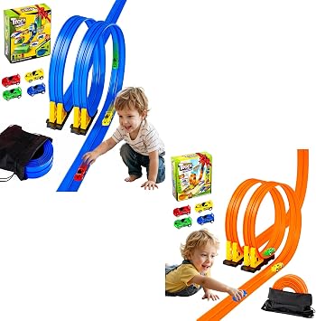 Flexible Race Track for Kids, Portable DIY Roll-Up Flex Race Car Tracks with Suction Cups Compatible with Hot Wheels & Diecast 1/64th Cars Stocking Stuffers for Boys Girls Ages 3 4 5 +