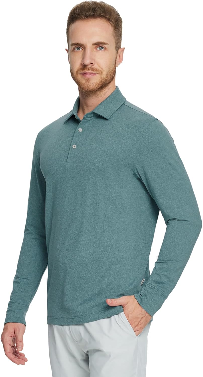 MICHEL ROUEN Mens Golf Shirts with Collard Dry fit Performance Heather Casual Activewear Long Sleeve Golf Polo Shirts for Men - Image 2