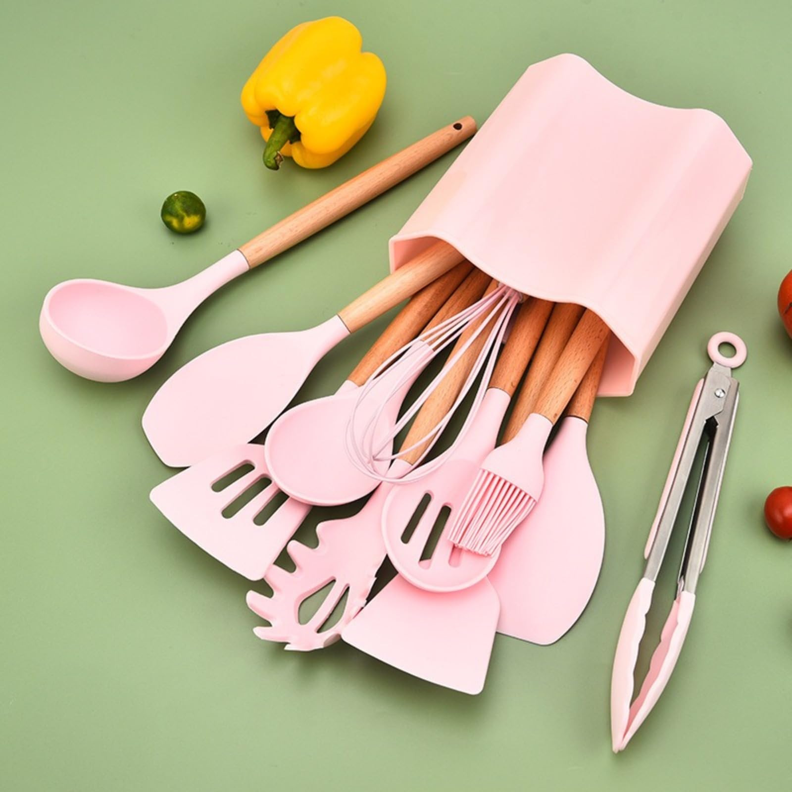 Ensemble de 13 ustensiles de Cuisine carrés en Silicone avec Manche en Bois, spatule en Silicone, Ensemble d'ustensiles de Cuisine en silicone/555(13 Piece Square Bucket Set - Light Green)