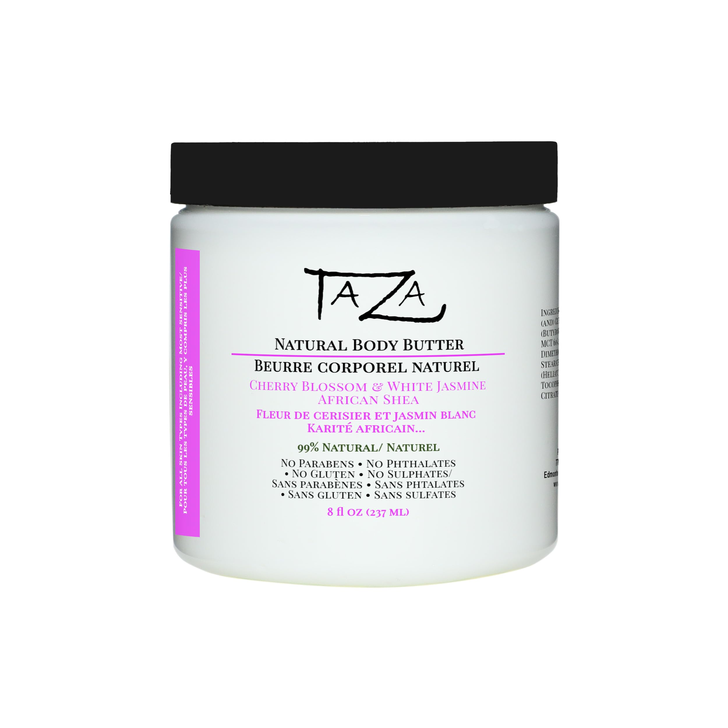 Taza Premium Natural Cherry Blossom & White Jasmine Body Butter, 8 fl oz (237 ml) Plant Based Ingredients Contains: African Shea Butter, Beeswax, Coconut Oil, Jojoba Oil, Sunflower Oil, Vitamin E