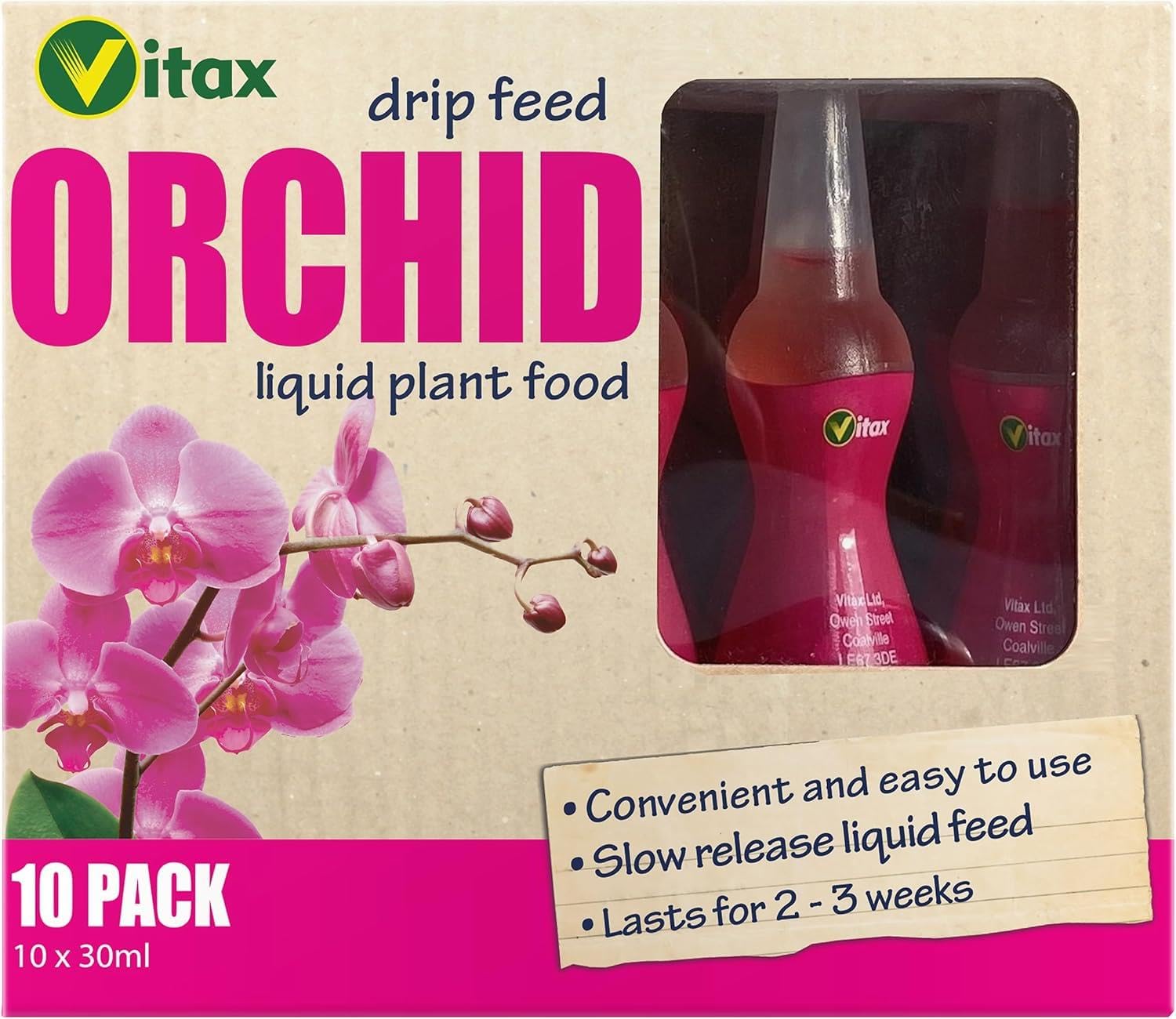 Vitax Orchid Drip Feeders 30ml Pack of 10 Slow Release Fertiliser for Healthy Growth and Vibrant Blooms Easy Orchid Food for Pots and Baskets Up to 300 Days of Continuous Feeding Beige 1 Pack