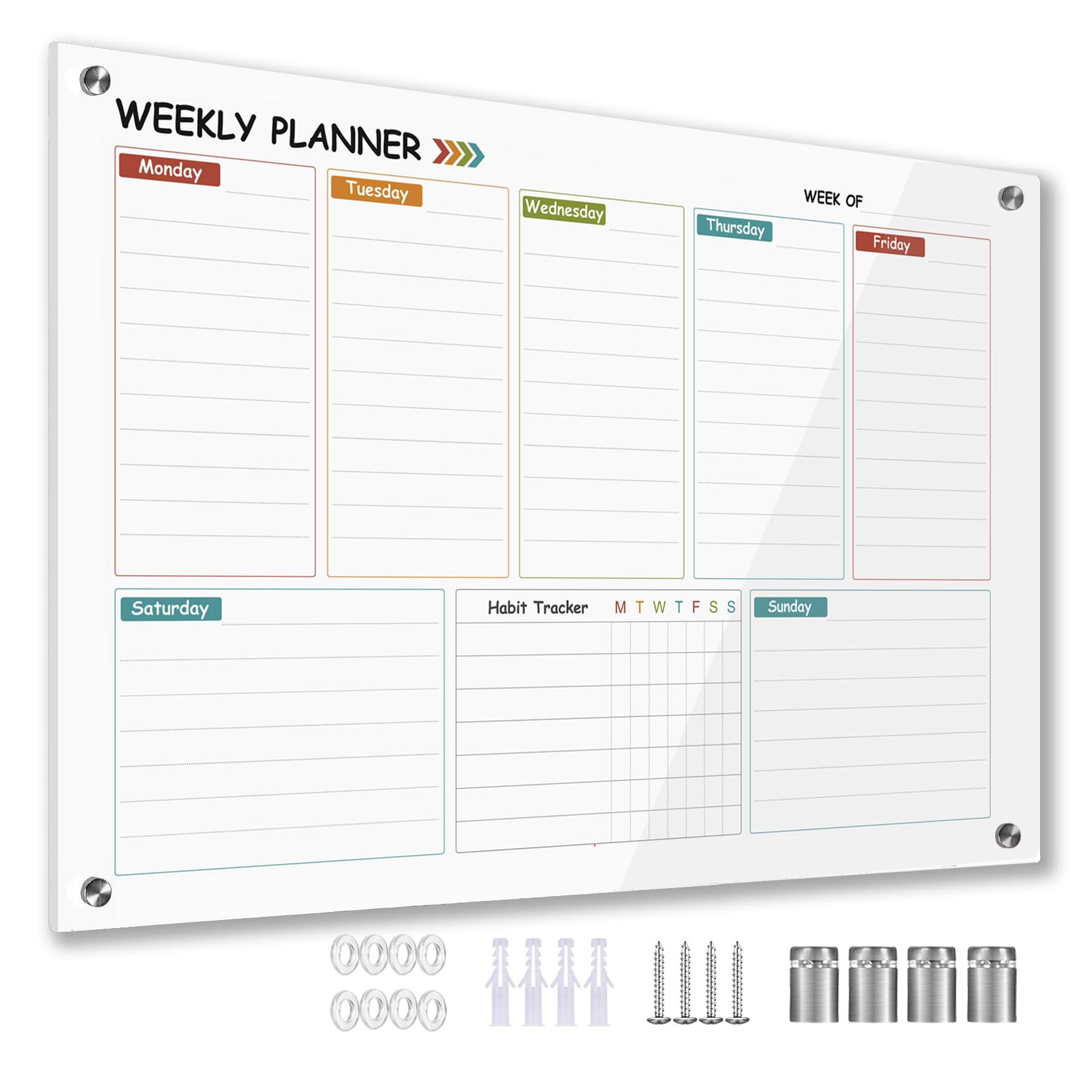 Glass Colorful Weekly Dry Erase Calendar Whiteboard for Wall,24"x 36",Frameless Mounting,Office/School/Home, Frameless Large Planner White Board