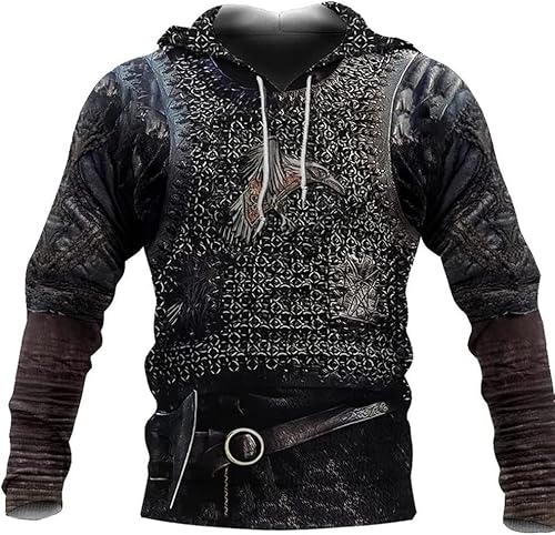 Viking Chainmail Hoodie Men’s Vintage 3D Print Small