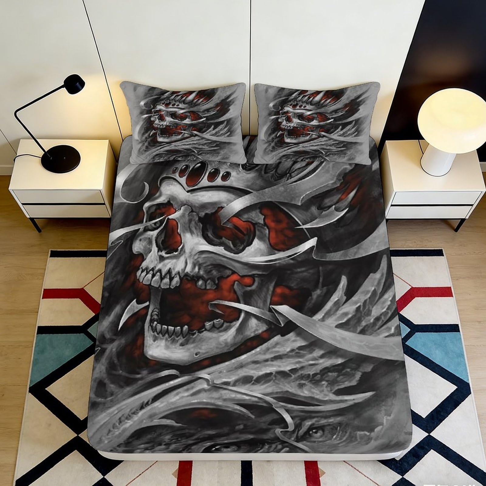 Jqzkxnhpbr Style-5 3D Printed Skull Art Fitted Sheet Microfiber Black Gothic Flame Mattress Cover For Bedroom Dorm Easy Care Decor 90X200x25cm