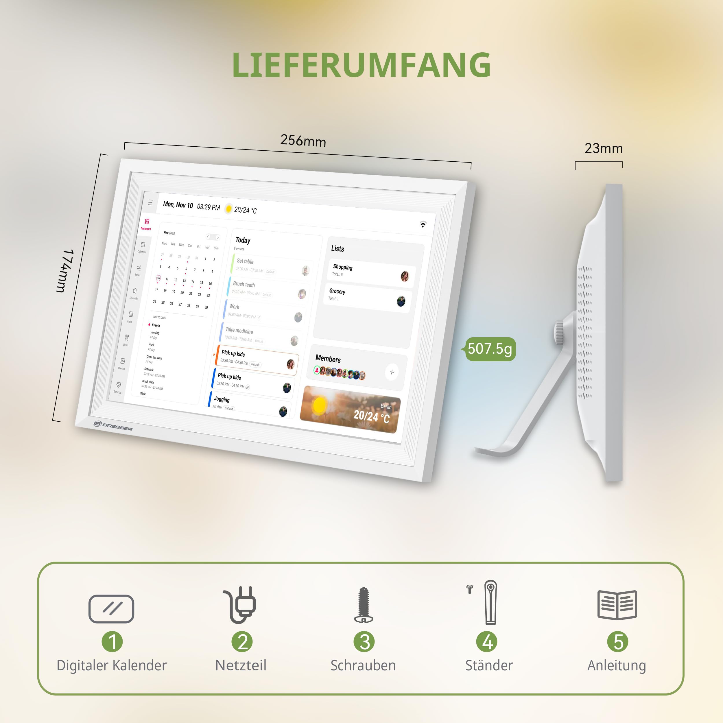 Bresser Digitaler Kalender 10,1 Zoll Touchscreen Familienplaner mit App Bilderrahmen Wetter 7 Tage Weiß