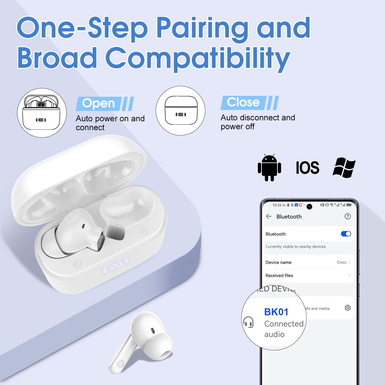 Écouteurs Bluetooth sans Fil 5.3 avec ENC Réduction Bruit, 48H Basses Immersives, IP7 Etanche, Écran LED Blanc