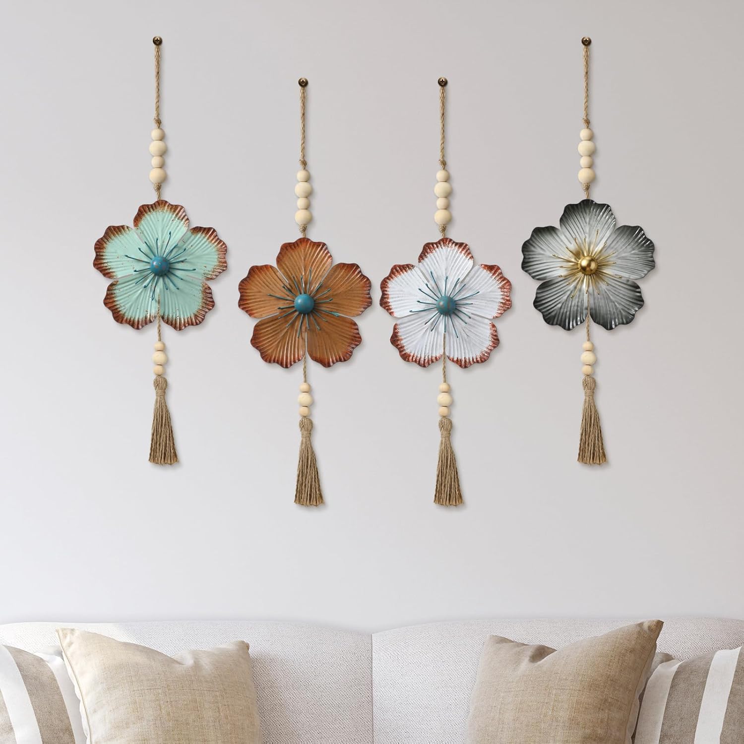 Tandefio 4 Pcs Metal Flower Wall Decor 7.9 x 22 Inch Large Metal Wall Art Decor Rustic Blue Floral Hanging Art for Living Room Home Bathroom Bedroom Indoor Outdoor(Classic)