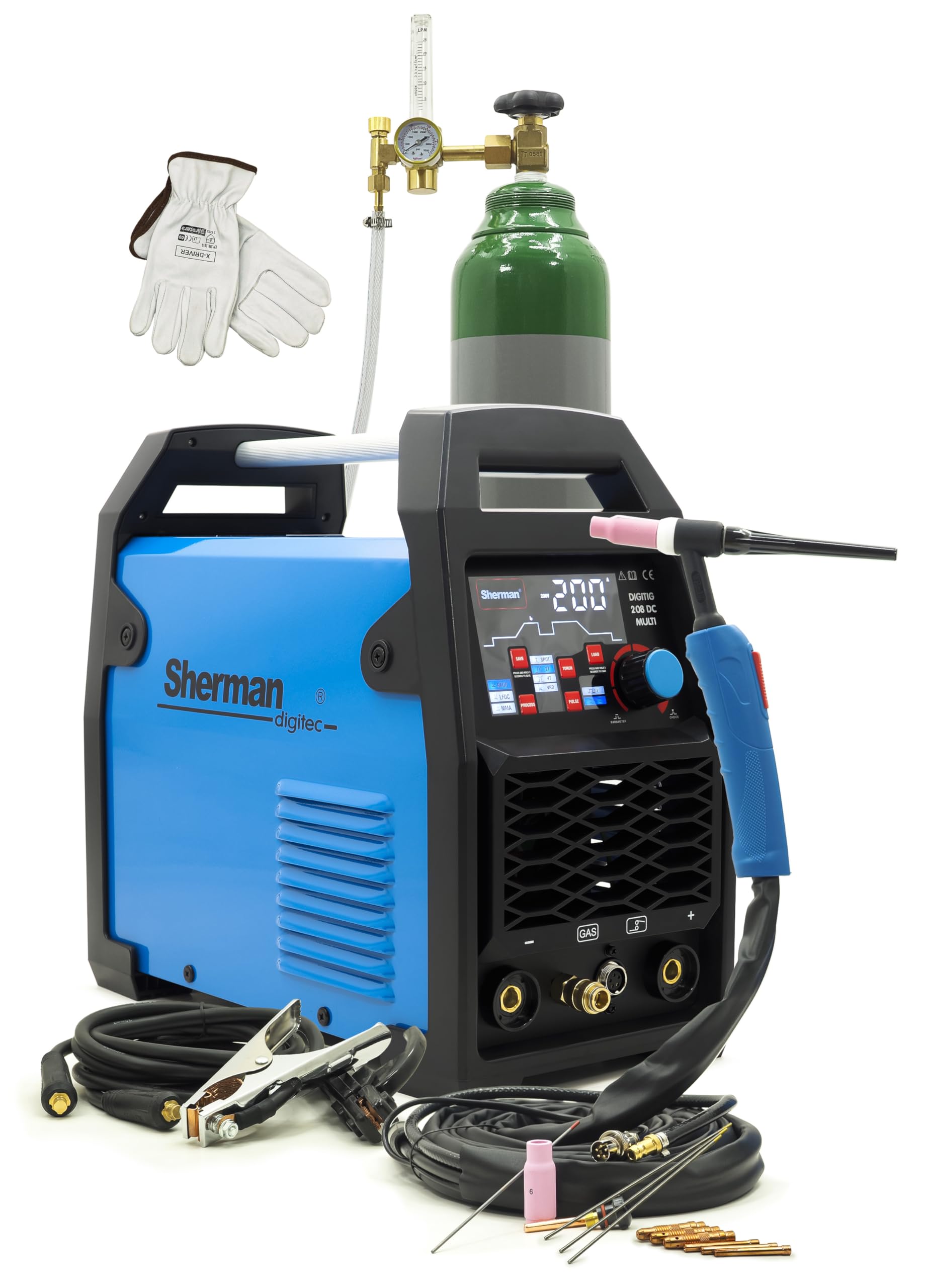 Sherman WIG - Equipo de soldadura DC 200 A, juego completo con accesorios y reductor de presión, inversor de pulso para TIG HF y MMA - Encendido instantáneo - DIGITIG 208 MULTI Bestschweissen.de