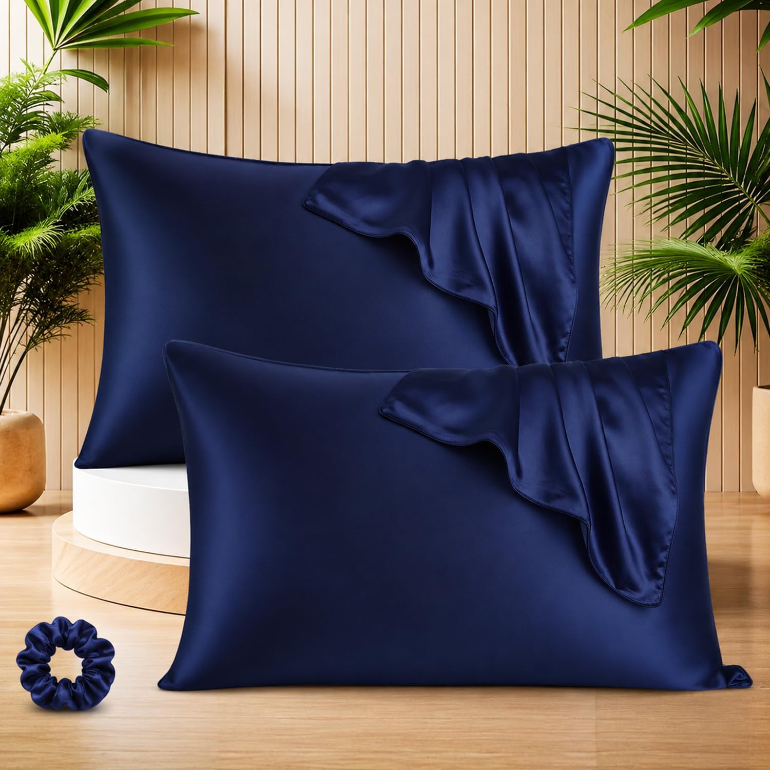 SITTELLA Satin Pillow Covers for Hair | Set of 2 + 1 Free Satin Scrunchie | Silk Pillow Case | Soft Pillow Satin Cover with Hidden Zipper | Pillow Cover | Navy Blue