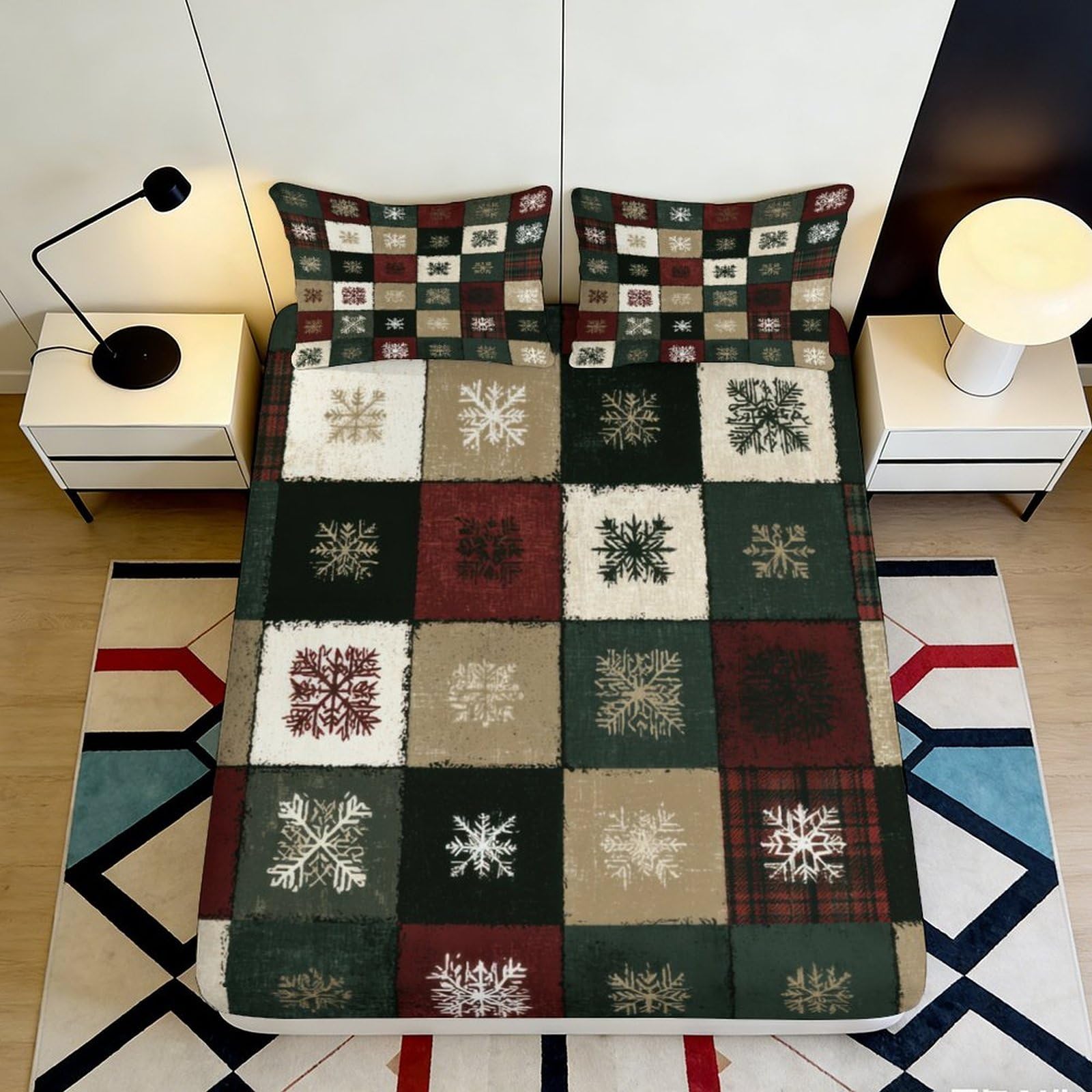 3D Printed Snowflake Patchwork Fitted Sheet Microfiber Soft Breathable Plaid Mattress Cover for Bedroom Guest Room Decor 90x200x25cm