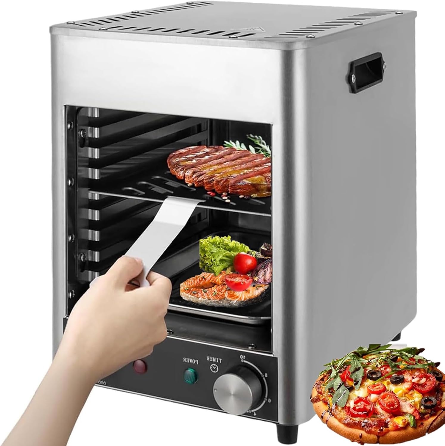 1700W Commercial Steak Oven Grill, Stainless Steel Smokeless Barbecue Grill, 200-800℃ Adjustable Temperature, 10Mins Timer, Indoor Baking Pizza Oven Cooker for Outdoor, C