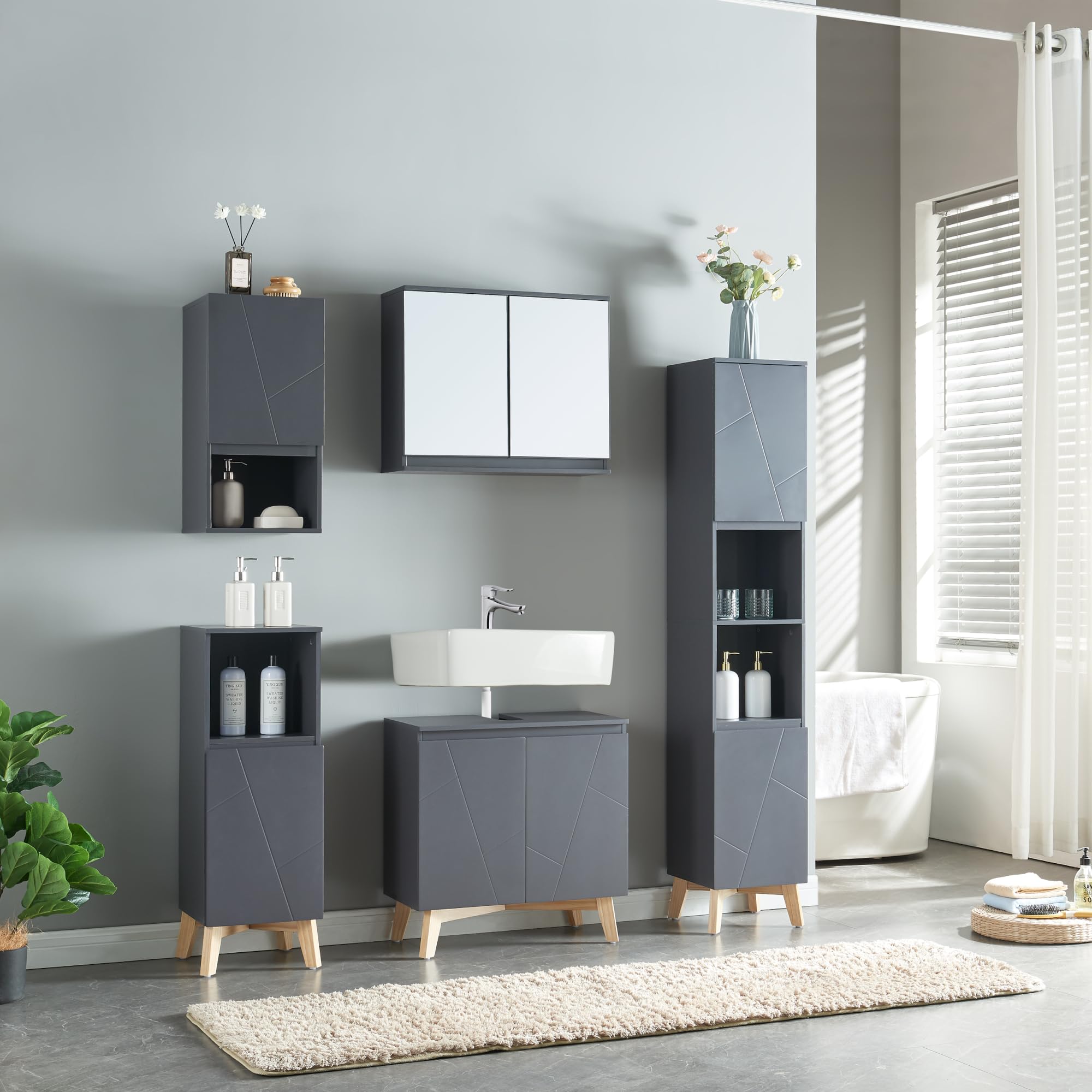 [en.casa] Armoire Murale de Salle de Bain avec Porte et Compartiment Ouvert Meuble de Rangement Stockage pour Buanderie Entrée Chambre Cuisine MDF 60 x 30 x 30 cm Gris
