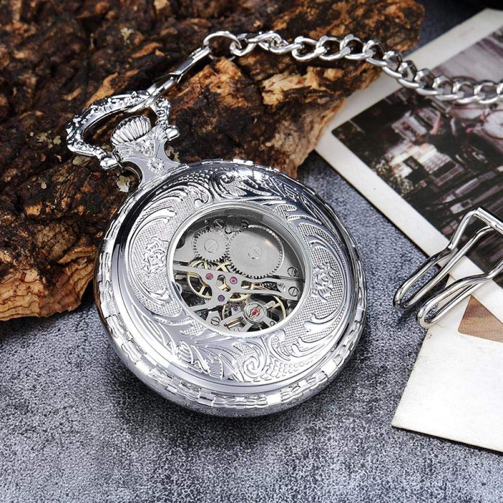Retro zakhorloge, antieke Romeinse cijfers weergave zelfopwindende mechanischVintage hanger klok heren zakklok geschenken (kleur: goud) (kleur: zilver