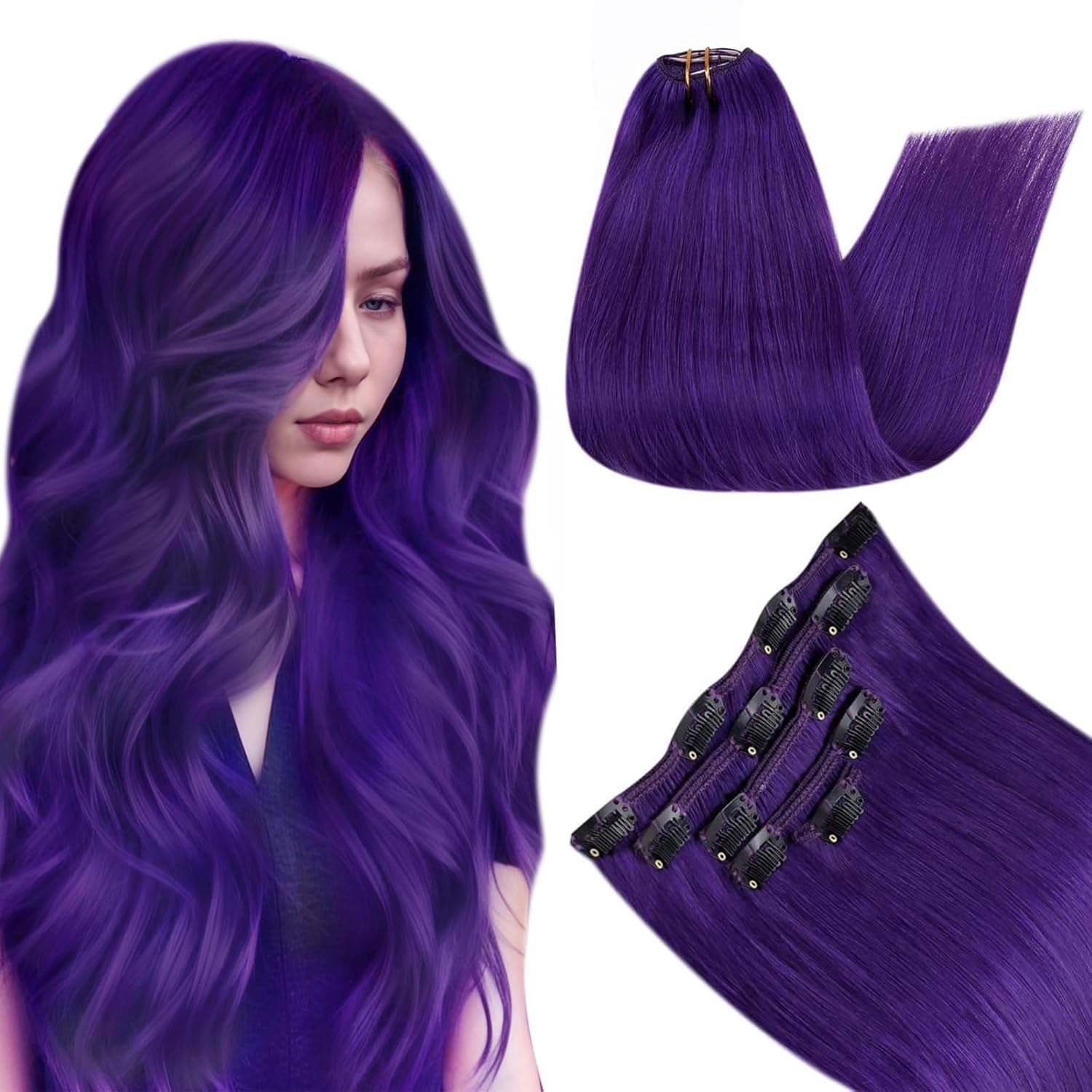 RUNATURE Purple Hair Extensions Clip in Real Human Hair, Full Head Clip in Extensions for Long Hair, Remy Natural Hair Colored Extensions for Women,