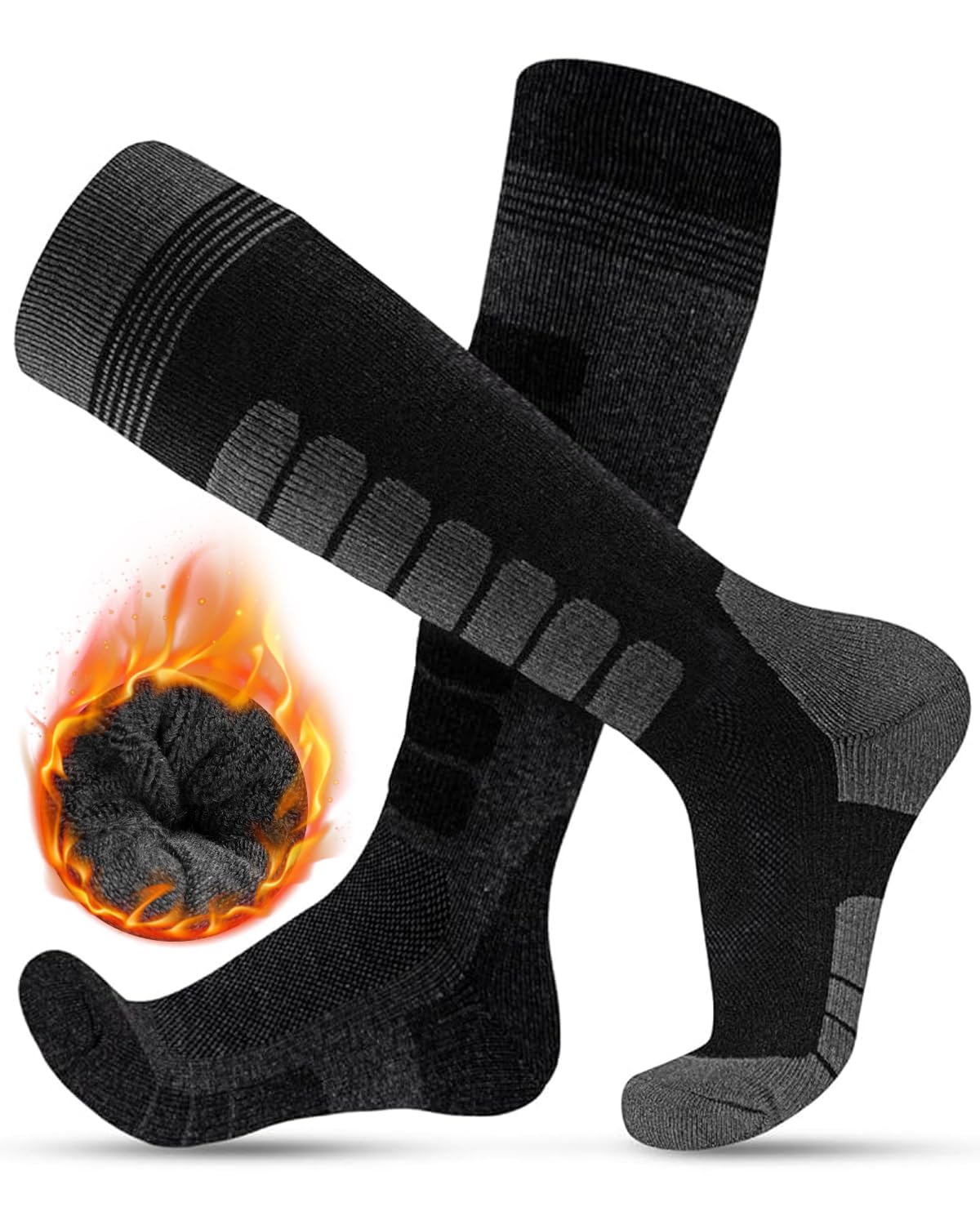 FORVEVO Chaussettes de Ski Homme Femme, 2 Paires de Chaussettes en Laine Mérinos,Chaussettes Thermiques Epaisses Adaptées au Temps Froid,Chaussettes d'Hiver Respirantes et Rembourrées pour Homme