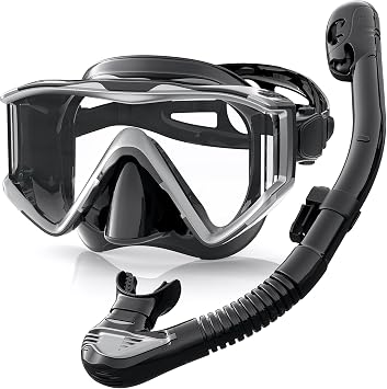 Snorkel Set Adults, 3 Window Panoramic View Snorkel Mask Anti-Fog, Leak-Proof Scuba Diving Mask with Mesh Bag, Dry Top Mask and Snorkel Set for Adult and Teen