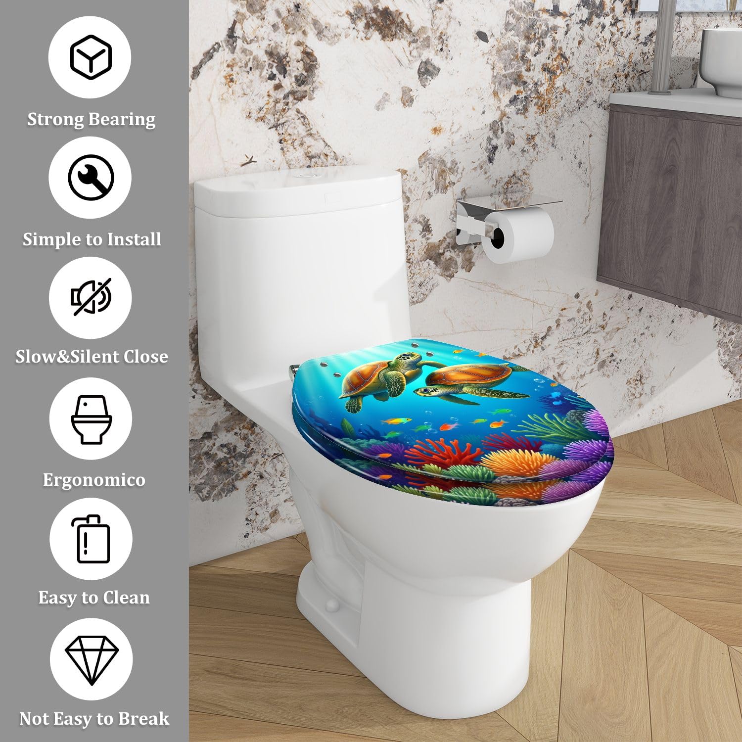 Asiento de inodoro alargado de resina, con cierre suave y liberación rápida para baño.
