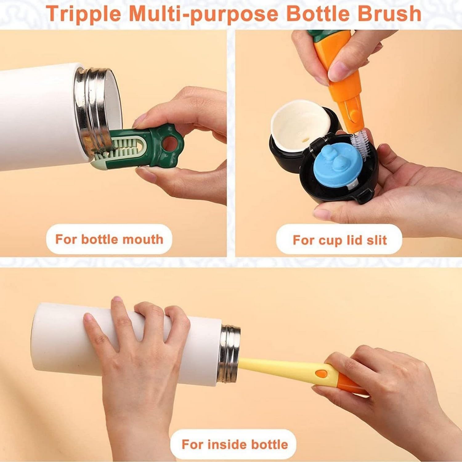 UGU ZONE 3 in 1 Bottle Cleaning Brush with Long Handle for Baby Bottles, Water Bottles, Tumblers, Cups, Vases, Containers β Multi-Purpose Sponge Brush Set with Gap & Lid Cleaner (Multicolor) 4