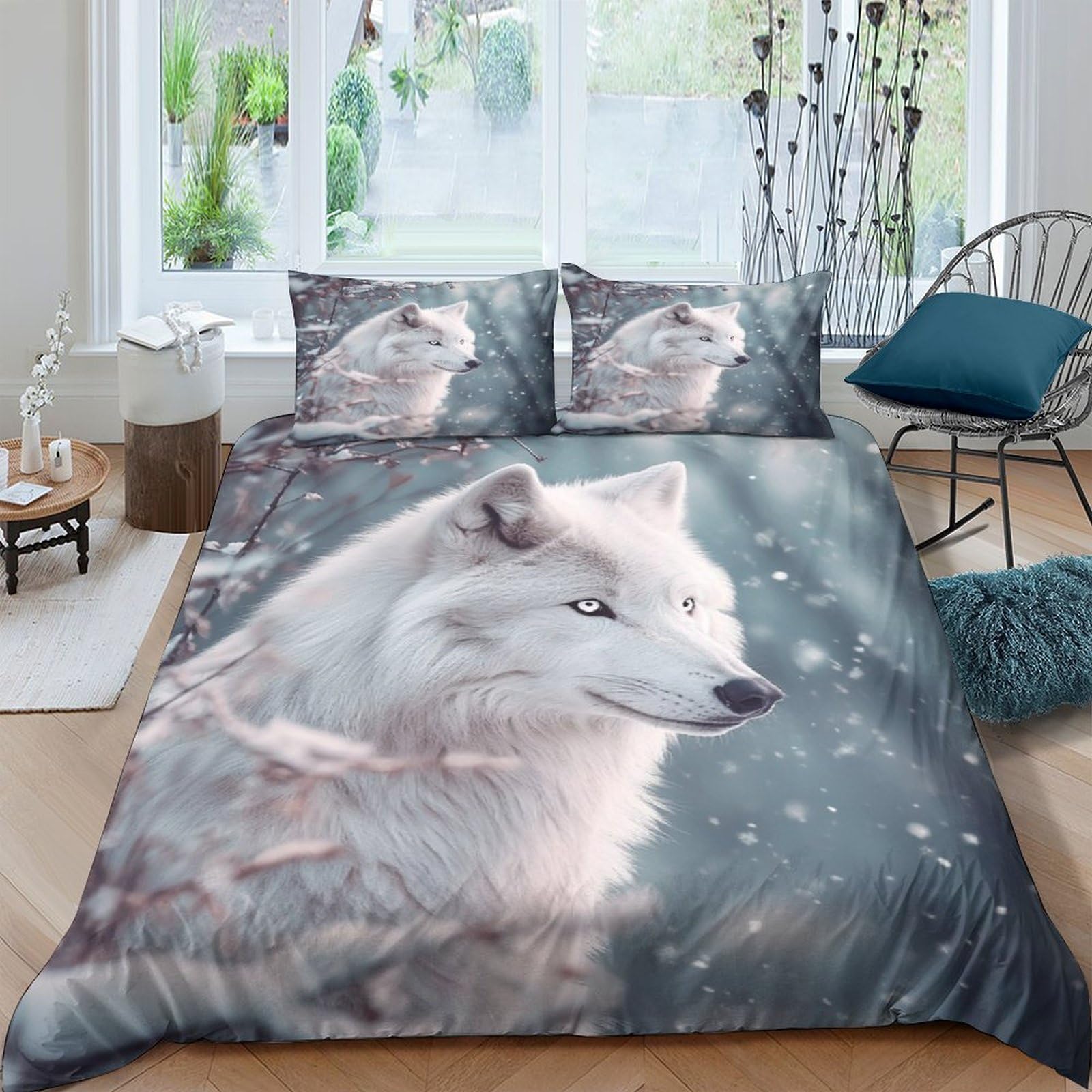 Ctjqhvkz Style-4 3D Printed White Wolf Fitted Sheet Microfiber Soft Anti-Slip Forest Snow Bed Sheet For Bedroom Guest Room Decor Single（135X200cm）